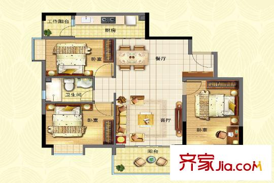 宏康小筑B栋3-9标准层03房户型图 3室2厅1卫1厨