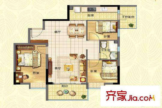 宏康小筑B栋2层标准层04房户型图 3室2厅1卫1厨