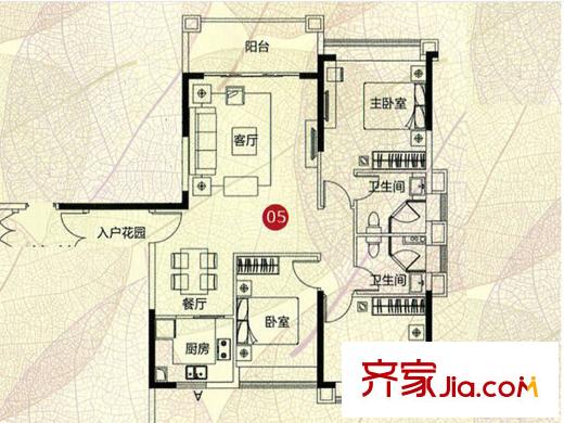 敏捷・四季花园3栋05户型 3室2厅2卫1厨
