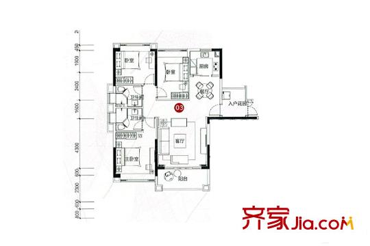 敏捷・四季花园1/2栋03户型 3室2厅2卫1厨