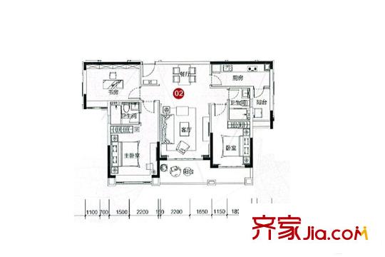 敏捷・四季花园1/2栋02户型 3室2厅2卫1厨