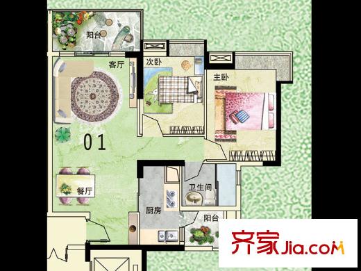 广州新塘新世界花园19、20栋01户型 2室2厅1卫1厨