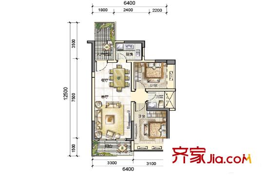 美悦湾2栋01单元户型图 2室1卫1厨