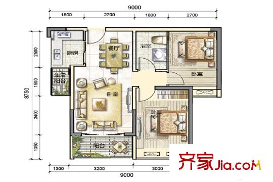 美悦湾2栋02单元户型图 2室2厅1卫1厨
