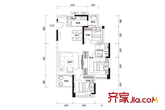 天健・上城B-2户型图 3室2厅1卫1厨