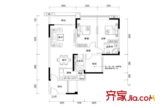 天健・上城C4户型图 3室2厅2卫1厨