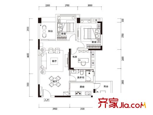 天健・上城B-1户型图 3室2厅1卫1厨