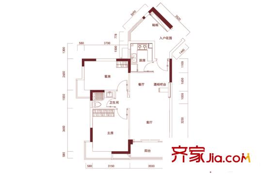 恒洲小苑02单位户型图 2室2厅1卫1厨
