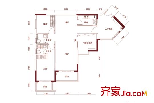 恒洲小苑03单位户型图 3室2厅2卫1厨
