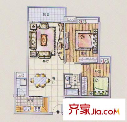 潭村改造项目D户型 2室2厅1卫1厨