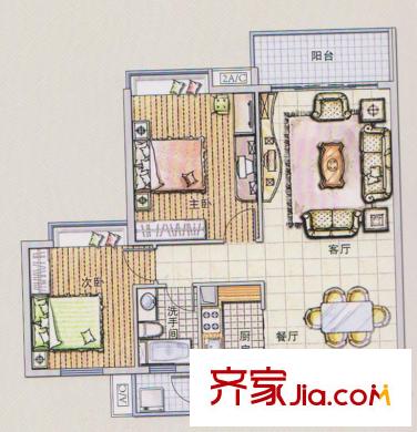 潭村改造项目E户型 2室2厅1卫1厨