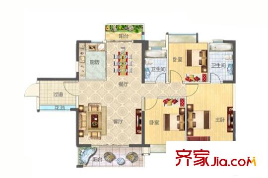 丽水蓝天4、5、6栋01户型 3室2厅2卫1厨
