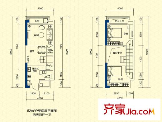 锐丰中心1号楼loft公寓户型图 2室2厅1卫1厨