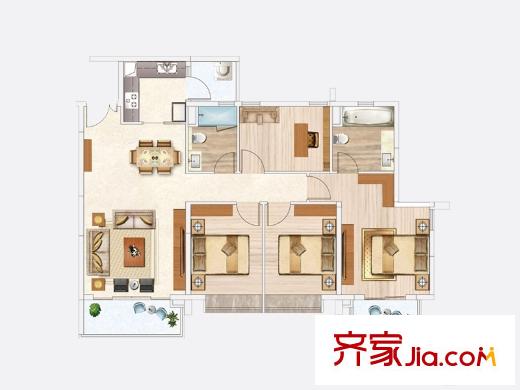 天韵・瑚平方米一期19/20栋C2户型 3室2厅2卫1厨