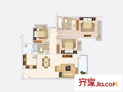 天韵・瑚平方米一期19/20栋B3户型 3室2厅2卫1厨