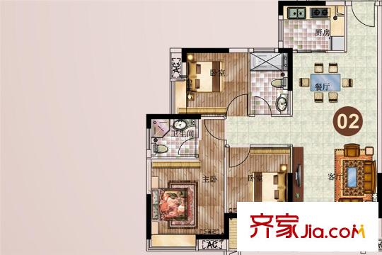 景新・国际16栋02户型97平3房 3室2厅1卫1厨