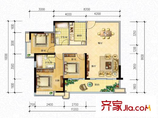 景新・国际9栋-01A4户型一 3室2厅2卫1厨