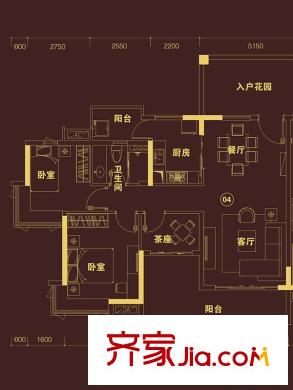 科城山庄峻森园C5栋04户型 3室2厅1卫1厨
