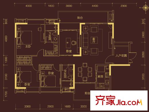 科城山庄峻森园C15栋03户型 4室2厅2卫1厨