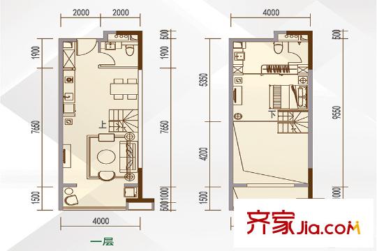 敏捷・科创中心一座公寓户型图 1室2厅2卫1厨
