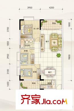 倚绿山庄・尚院A栋03户型 3室2厅1卫1厨