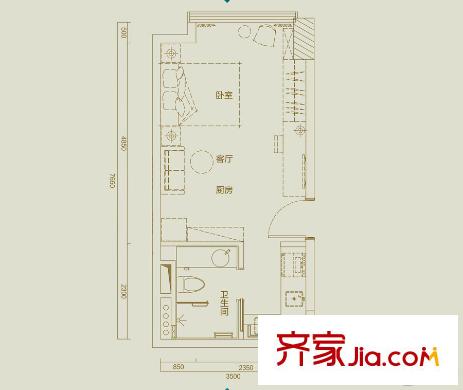 奥园国际中心云悦D公寓户型图 1室1厅1卫1厨