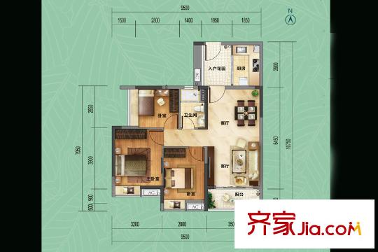 尚东嘉御B户型图 3室2厅1卫1厨