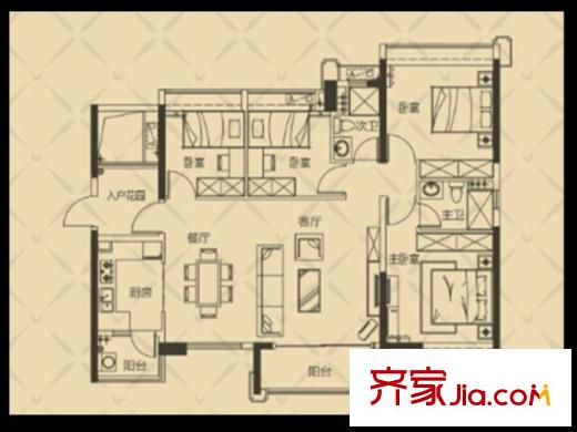 保利・罗兰国际01栋06单元户型图 4室2厅2卫1厨