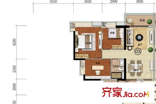 丽江如英居07栋03户型 3室2厅1卫1厨