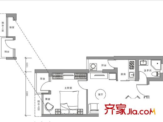 侨城馨苑户型图A8户型 1室2厅1卫