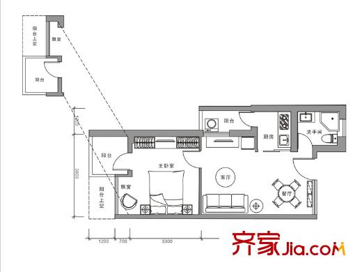 侨城馨苑户型图A5户型 1室2厅1卫