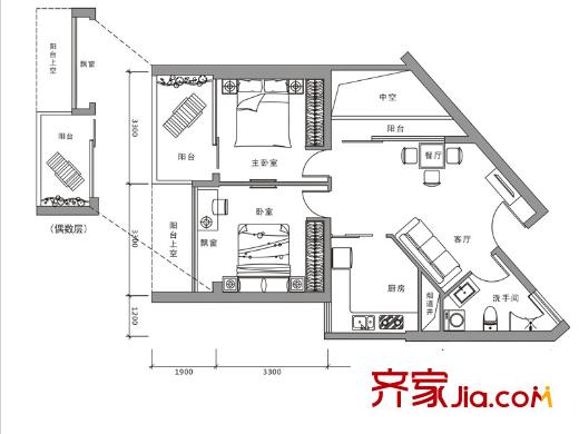 侨城馨苑户型图A2户型 2室2厅1卫