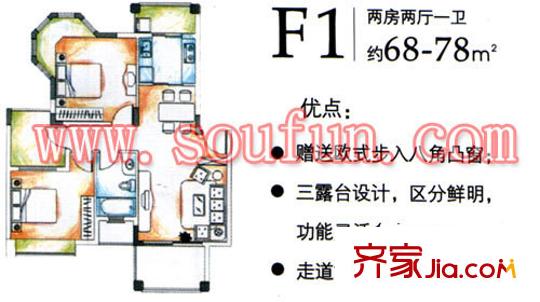 欧陆经典户型图2室2厅1卫1厨