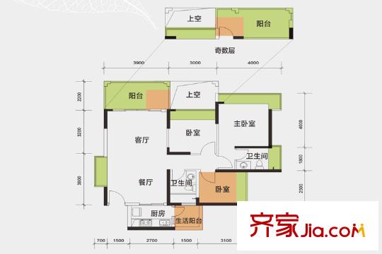 一半山户型图6栋04户型 3室2厅2卫1厨