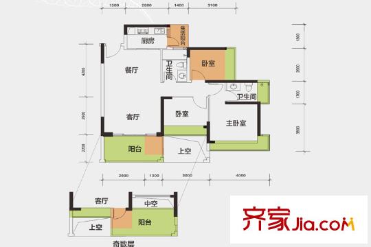 一半山户型图6栋01、02户型 3室2厅2卫1厨
