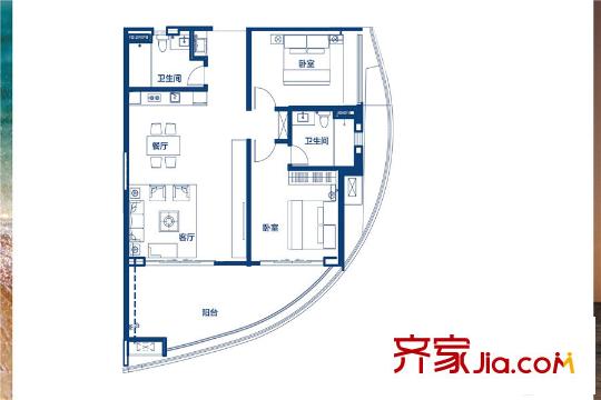 保利金町湾A004户型2房 2室2厅2卫1厨