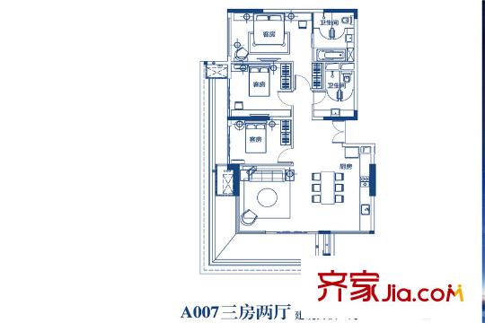 保利金町湾A007户型3房 2室1厅2卫1厨