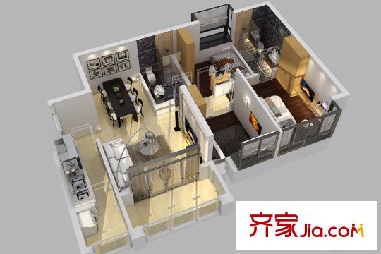 碧桂园山河城Q9S-3-02户型3D图 3室2厅2卫1厨