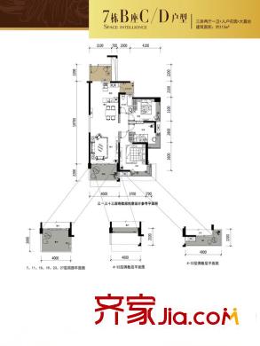 锦绣御园三期7栋B座C、D户型 3室2厅1卫1厨