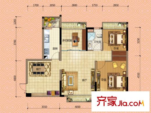 宏远御庭山1-3栋03户型 3室2厅1卫1厨