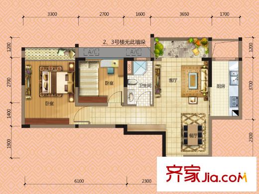 宏远御庭山1-3栋04户型 2室2厅1卫1厨