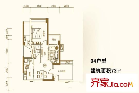 悦盈新城04户型 1室2厅1卫1厨