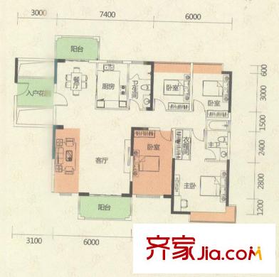 融湖中心城5栋02户型 4室2厅2卫1厨