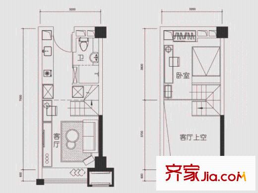远洋新干线32平米C座A户型 2室1厅1卫1厨