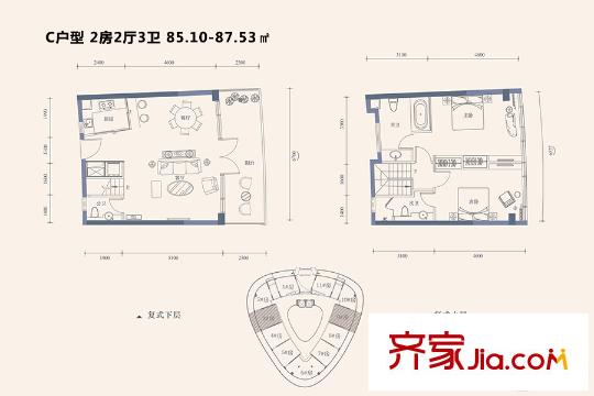 PURE 33 璞岸复式C户型 2室2厅3卫1厨