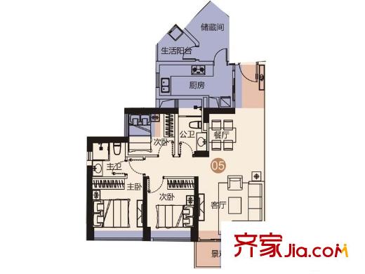 佳兆业城市广场3期5栋B座05户型 3室2厅2卫1厨