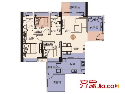 佳兆业城市广场3期4、5栋A座01户型 3室2厅2卫1厨