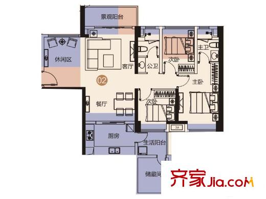佳兆业城市广场3期4、5栋A座02户型 3室2厅2卫1厨