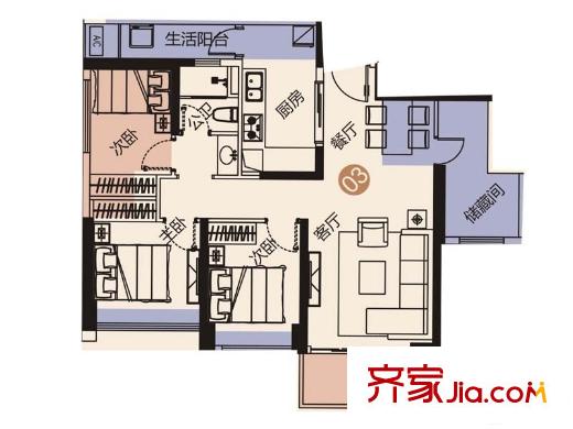 佳兆业城市广场3期5栋B座03户型 3室2厅1卫1厨