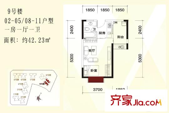 东莞时代华庭9号楼02-05、08-11户型图 1室1厅1卫1厨